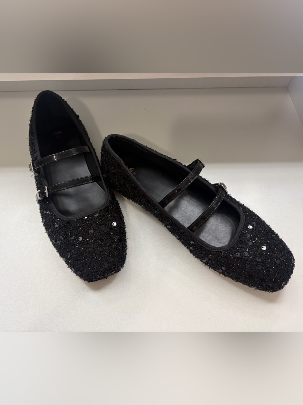 Zara Black Sequin Double-Strap Mary Jane Flats